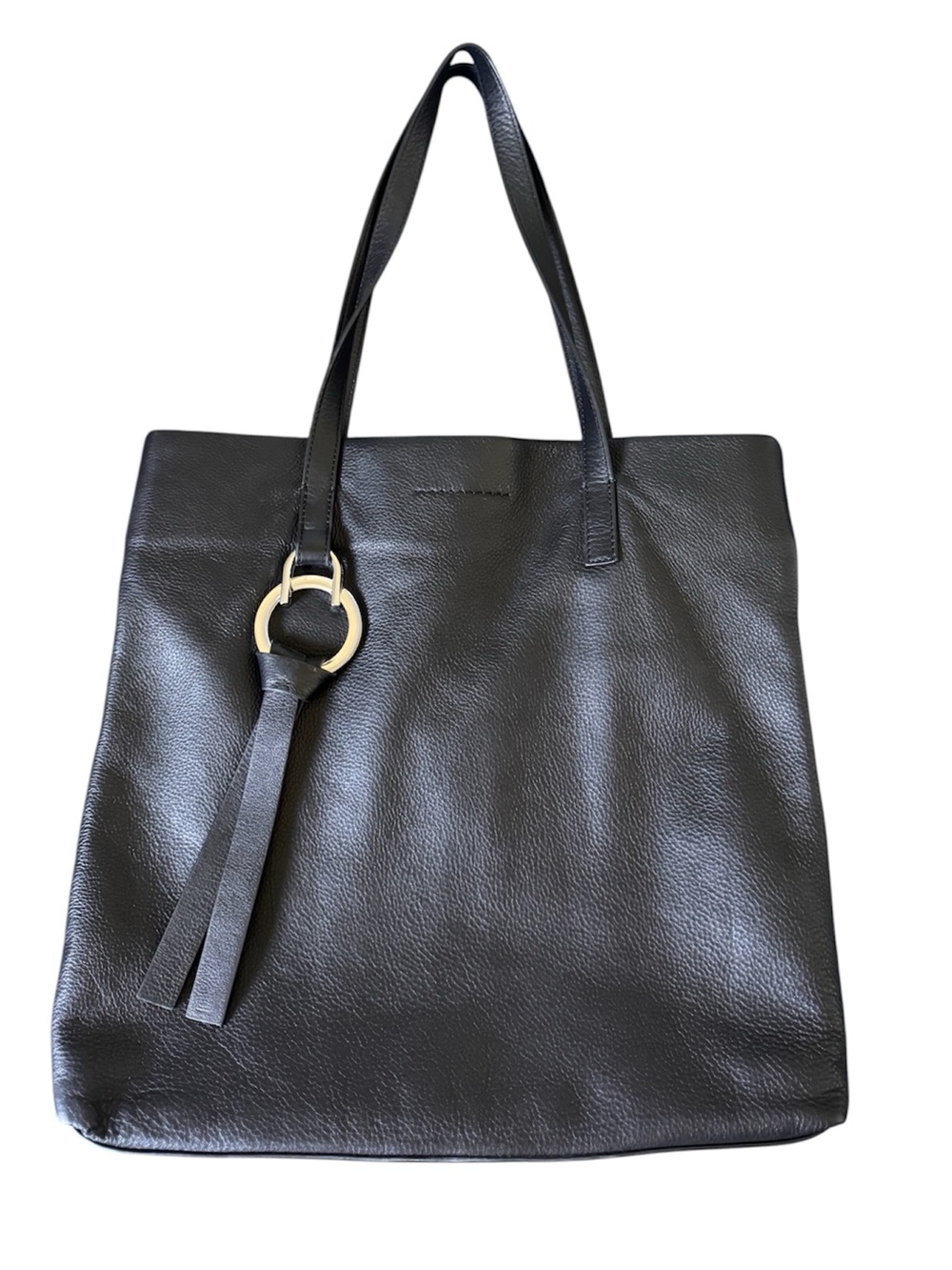 Classic Black Leather Tote Bag with silver Ring Accent, brand new